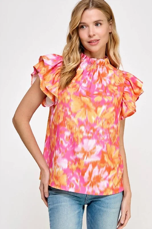 Flash Discount Ruffled Neckline Top In Coral