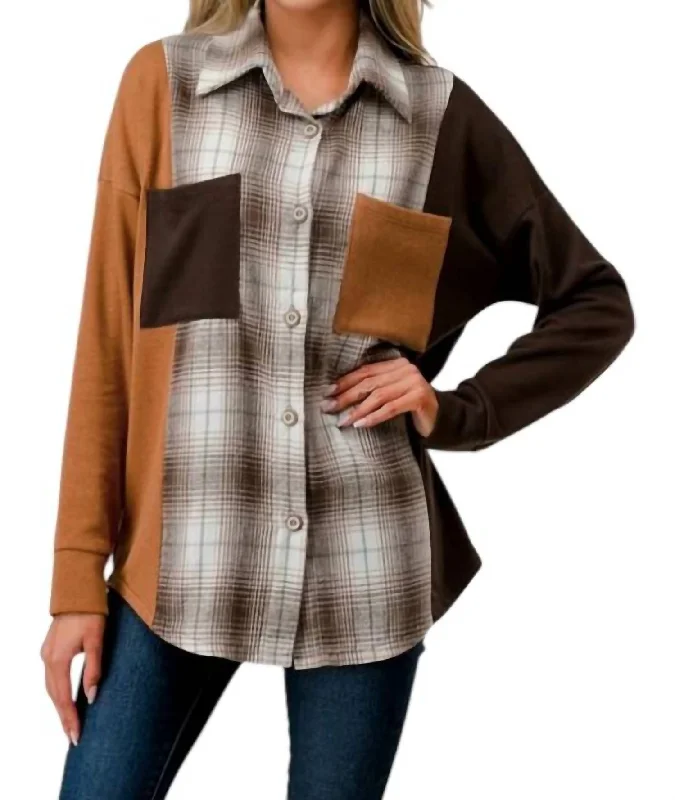 Casual Women's Clothing Online Joanna Color Block Plaid Top In Tan