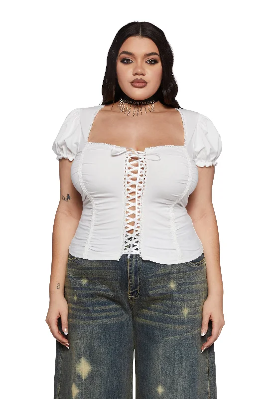 Trendy Women's Wear Plus Soft Girl Era Lace Up Top - White