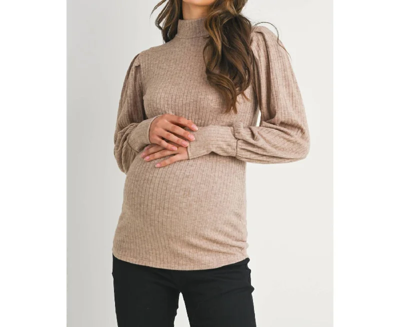 Casual Wear Ribbed Puff Sleeve Maternity Top In Mocha