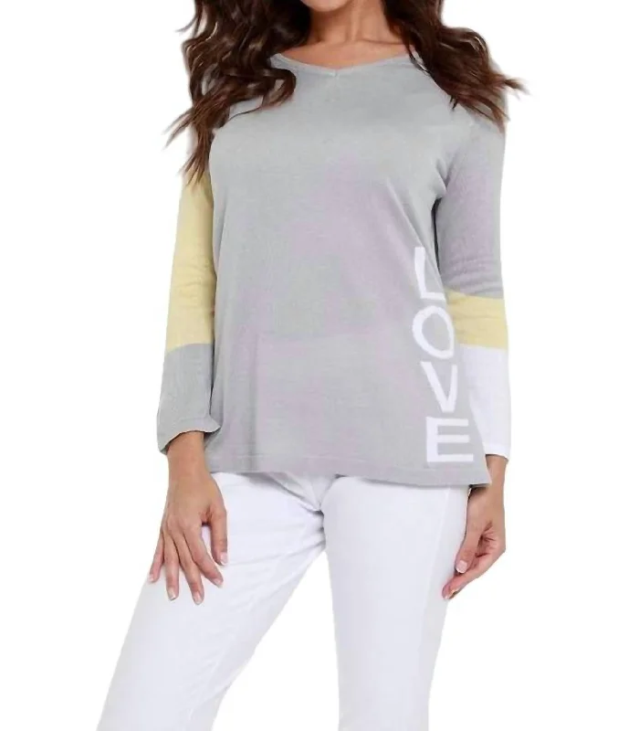 Trend Setting Wardrobe "love Me" V-Neck Top In Gray/yellow