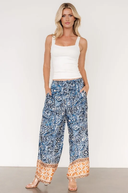 Best Online Clothing Boutiques Zora Boho Satin Pants | Blue Multi Print