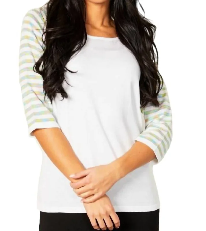 Versatile Wardrobe Essentials Stripe Sleeve Raglan Scoop Neck Top In White Multi