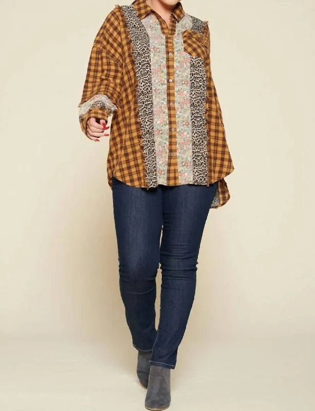 Outlet Clothing Plaid Oversized Floral And Animal Print Plus Shirt In Mustard And Brown