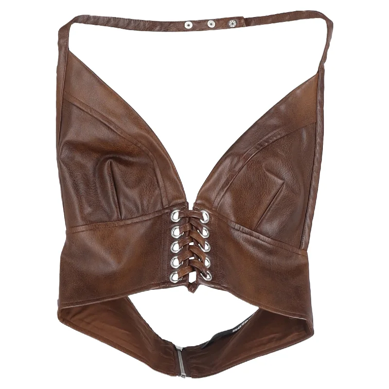 Best Sellers Rotate Birger Christensen Everly Lace-Up Cropped Halter Neck Top in Brown Faux Leather