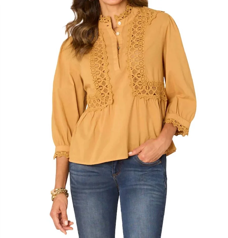 Clearance Event Woven High Neck 3/4 Sleeve Crochet Lace Peplum Woven Top In Dark Mustard Gold