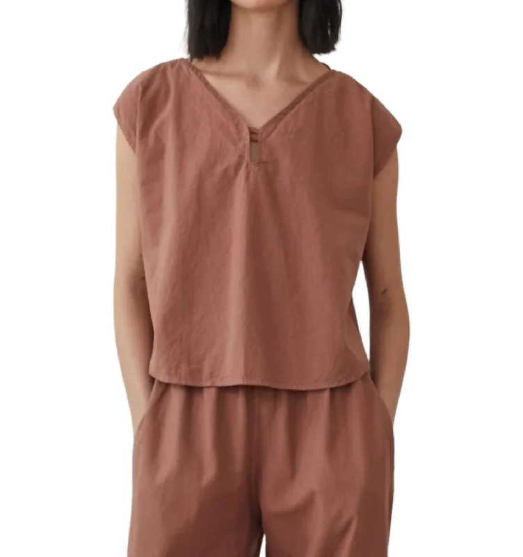 Unleash Your Trendy Side Split Neck Shell Top In Clay