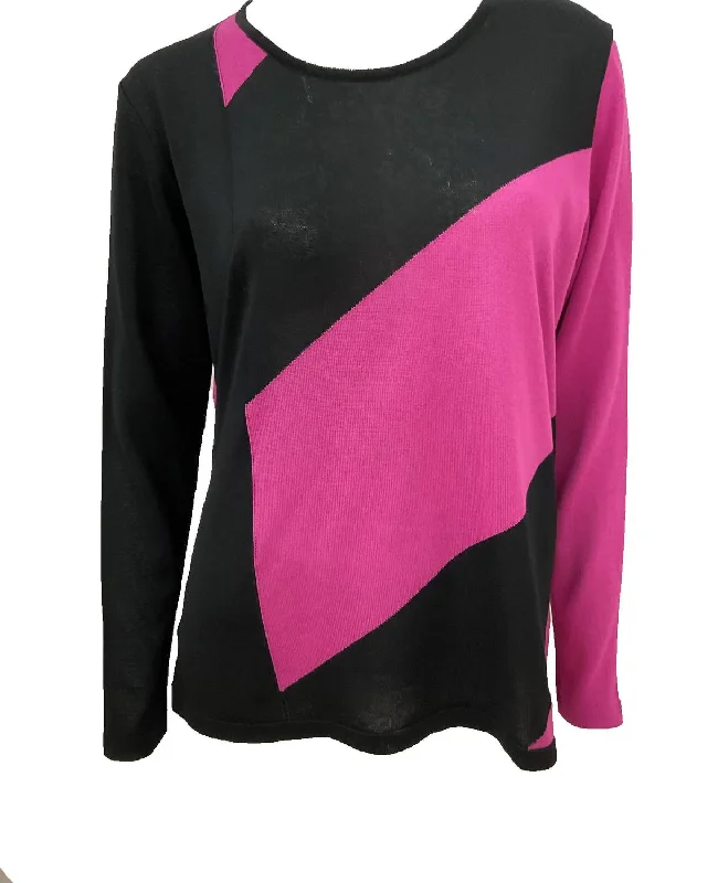 Online Boutique Clothing 3/4 Sleeve Abstract Crew Top In Black/magenta