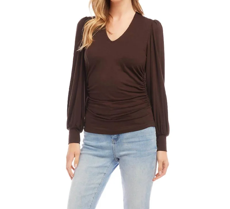 Casual and Comfortable Outfits Shirred V-Neck Top In Brown