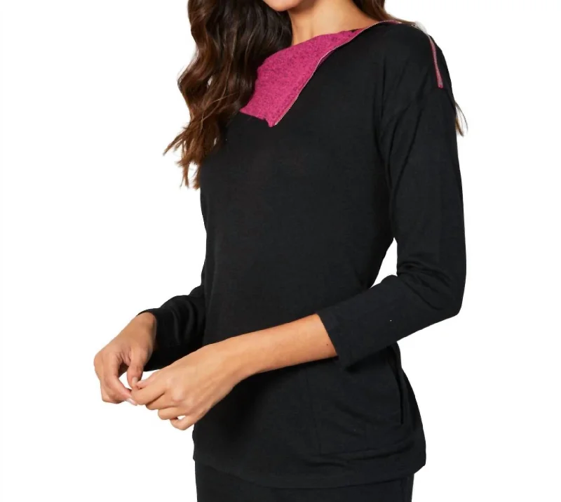 Comfort Meets Fashion Zip Neck Top In Black/rose