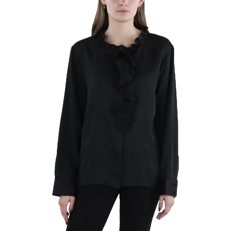 Enjoy Discount Womens Ruffled Tie Neck Button-Down Top