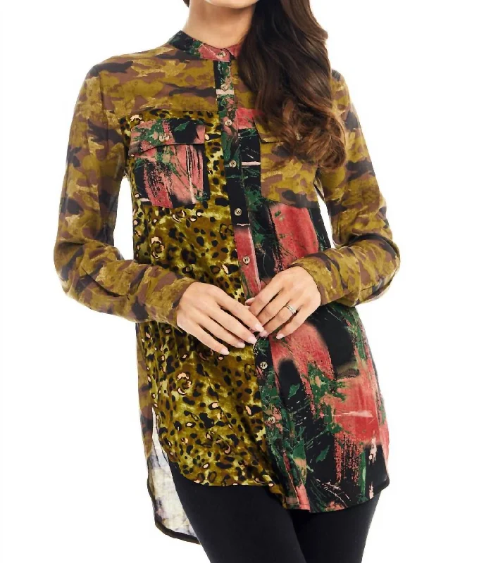 Affordable Women's Clothing Online Faux Leopard Button Front Shirt In Camouflage