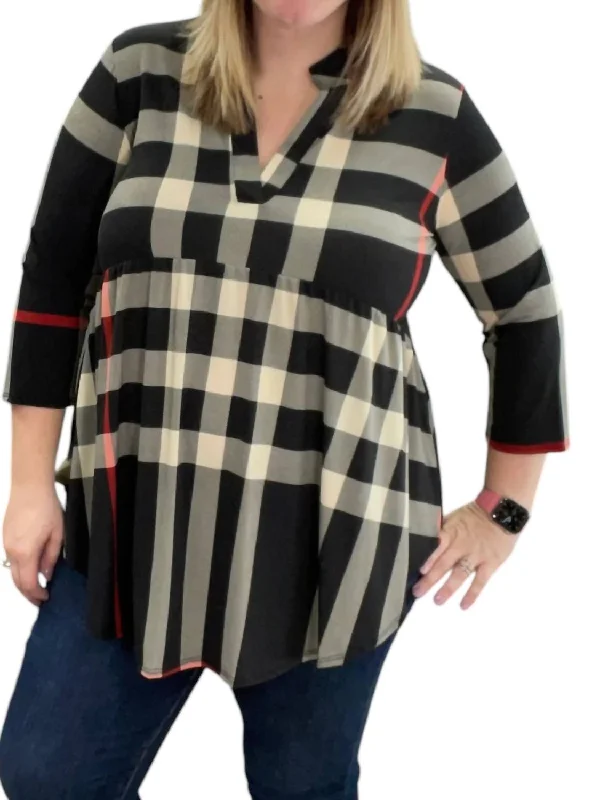 Effortless Chic Apparel Plaid Babydoll Top In Black Multi