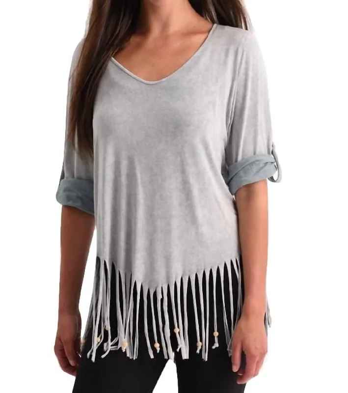 Seasonal Picks Stone Wash Cut Out Fringe Top In Slate