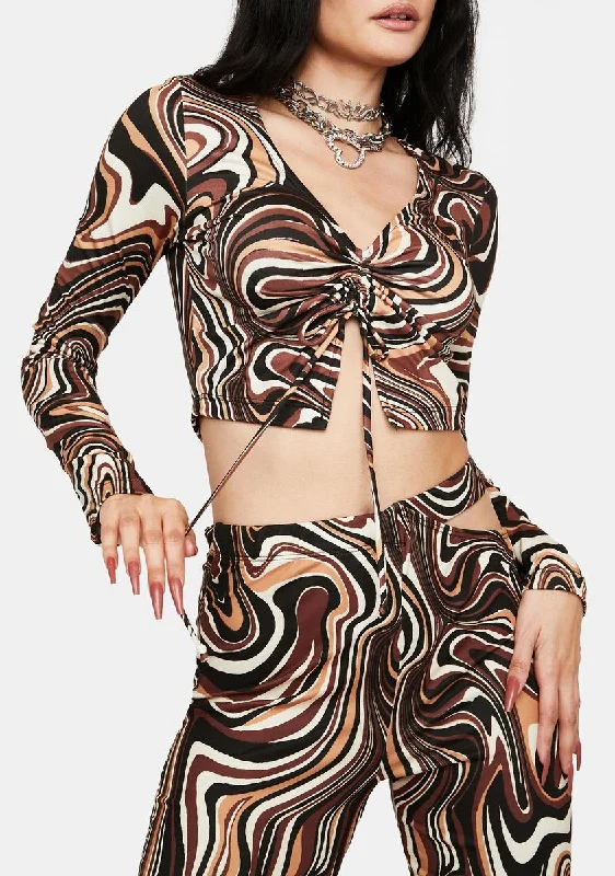 Chic Wardrobe Essentials Swirl Print Ruched Slit Top