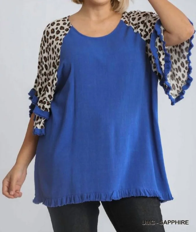 Sales Clothes Linen Blend Animal Print Layered Bell Sleeve Plus In Sapphire