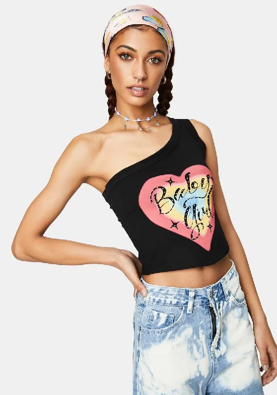 Luxe Women's Fashion One Shoulder Ribbed Top With Diamante Baby Girl Heart Graphic