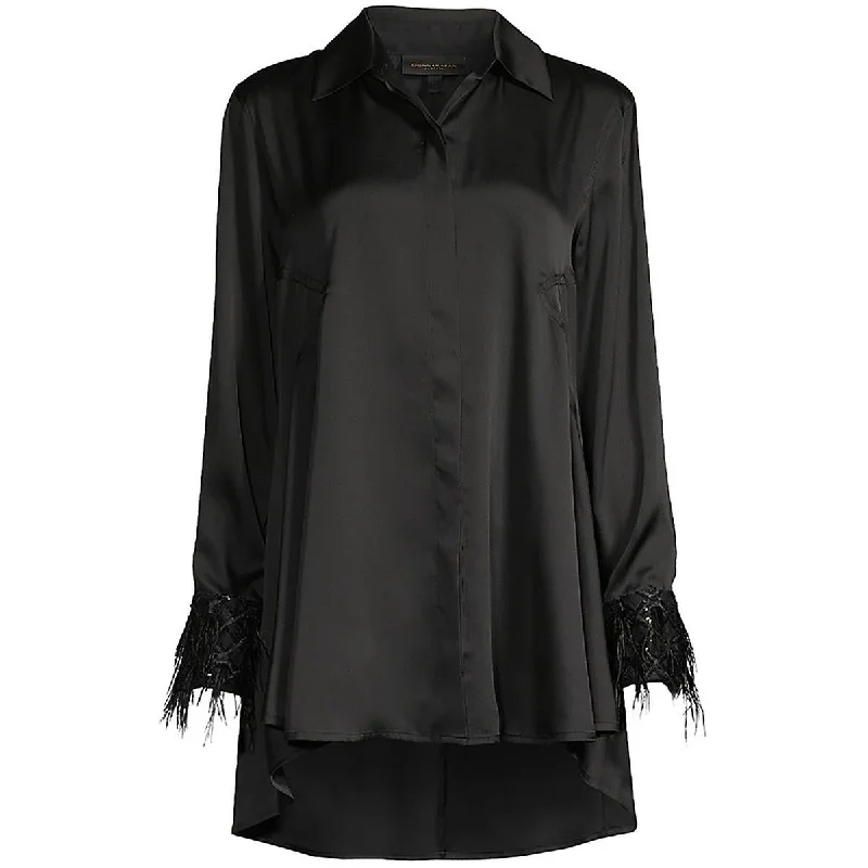 Women's Fashion Hotspots Womens Feather Trim Collar Button-Down Top