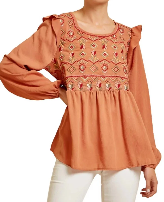 Women's Clothing Babydoll Embroidered Top In Rust