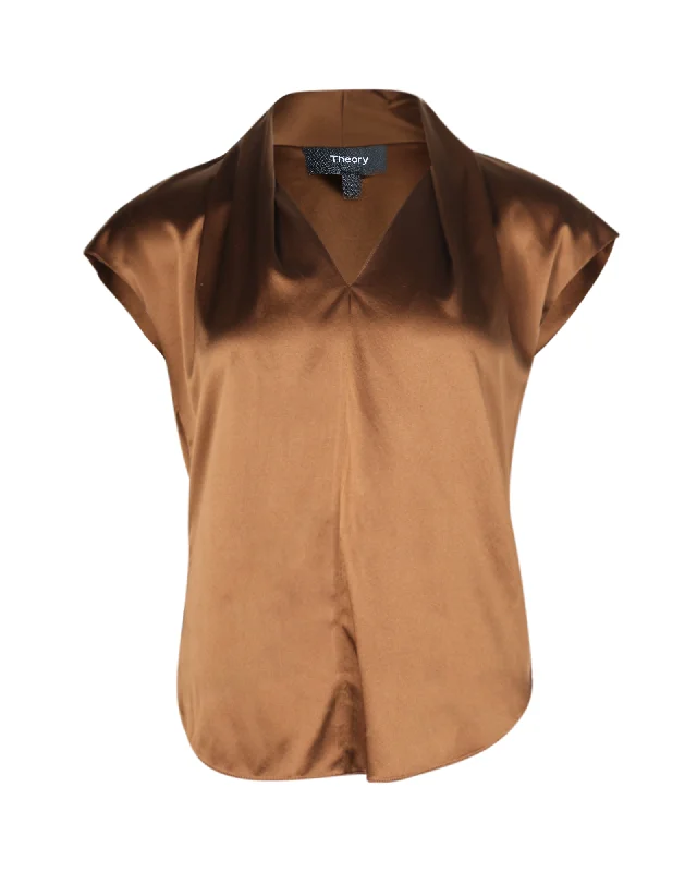 Timeless Classics Theory Draped-neck Cap-Sleeve Top in Brown Silk