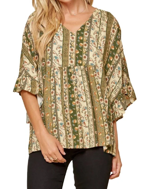 Stylish Basics Floral Ruffle Sleeve Top In Olive