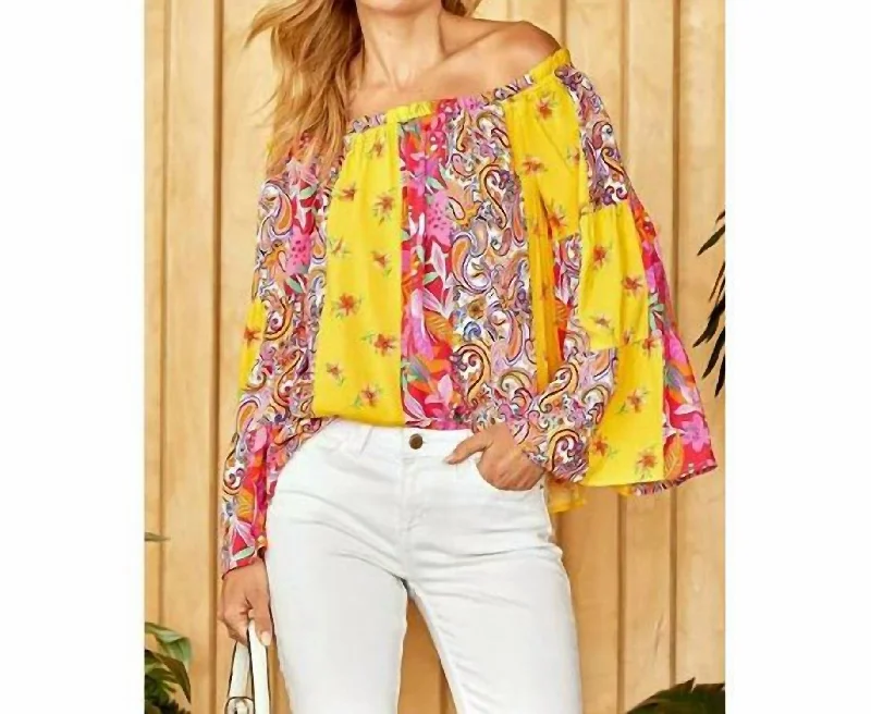 Chic & Cozy Collection Colorful Floral Paisley Print Plus Top In Yellow And Hot Pink