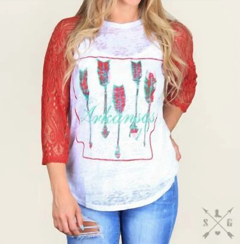 Comfort Meets Fashion Arkansas Pride With Red Lace Raglan Sleeve Top In White