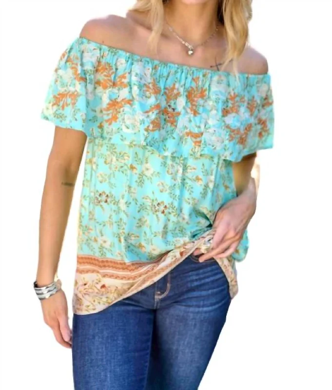 Elegant Styles Printed Off Shoulder Smocked Top In Light Teal