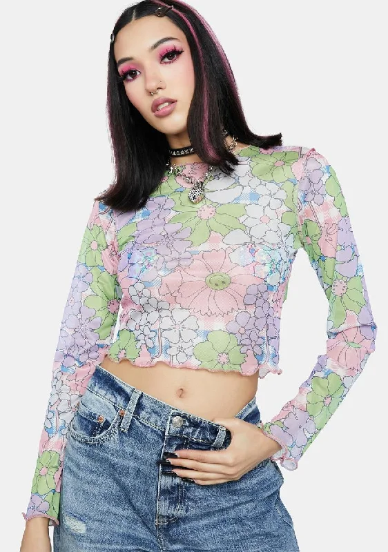 Get The Latest Trends Floral Mesh Gingham Top