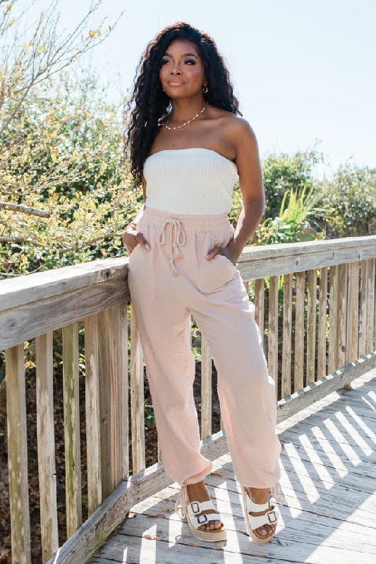 Flash Sale, Don't Miss Under Clear Skies Beige Gauze Drawstring Hem Beach Pants