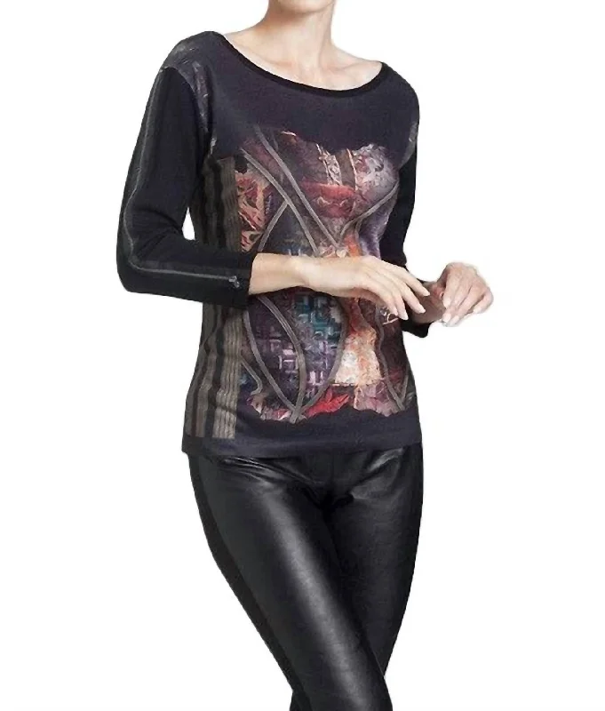 Durable Fashion Picks Sheer Panel Graphic Print Top In Black Multi