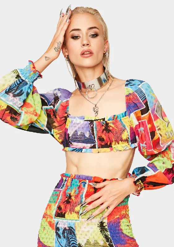 Summer Deals Surf Poster Puff Sleeve Organza Top