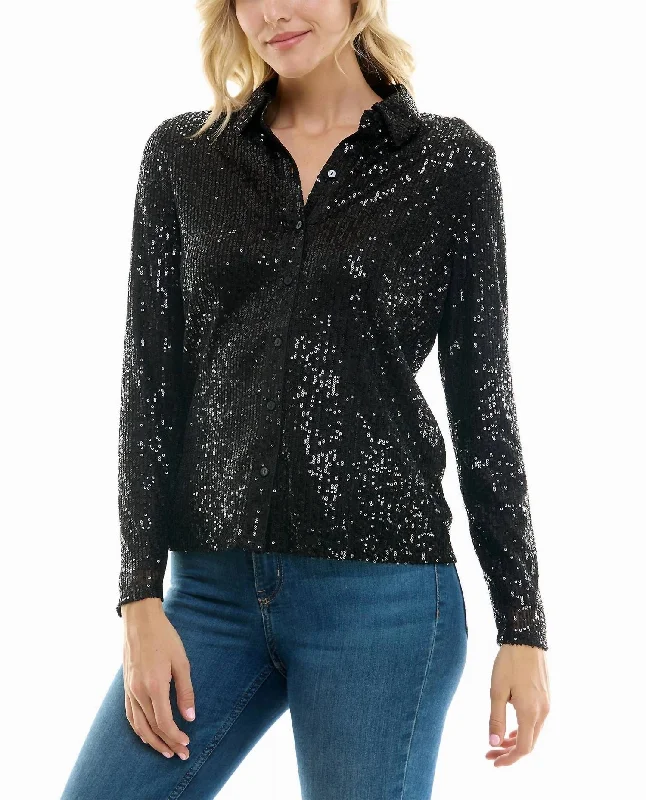 Sophisticated Style Nora Sequin Button Front Shirt In Very Black