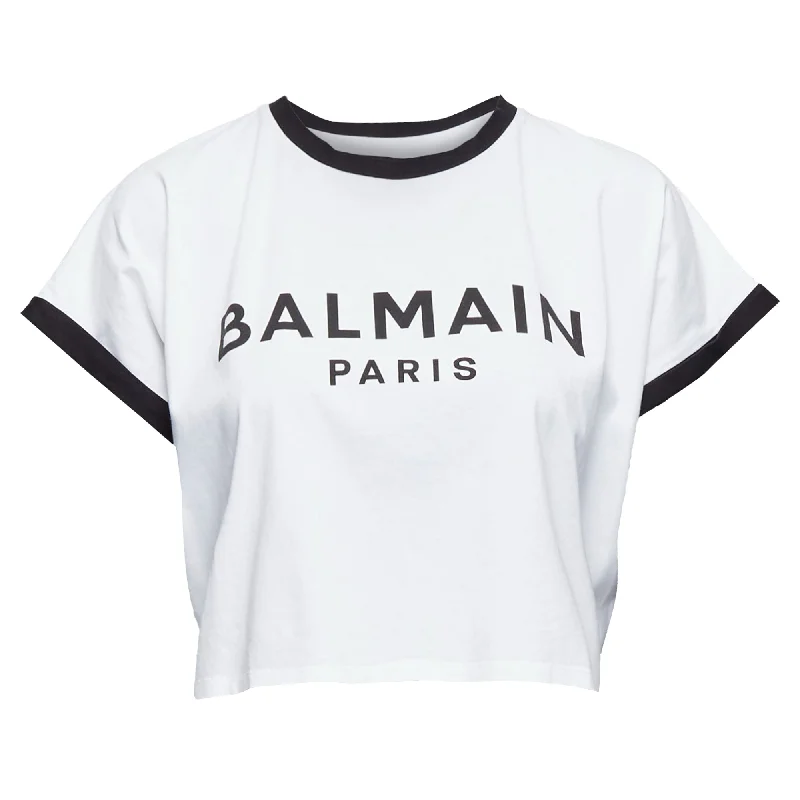 Special Offer Balmain Cotton Big Logo Cropped Ringer Tshirt