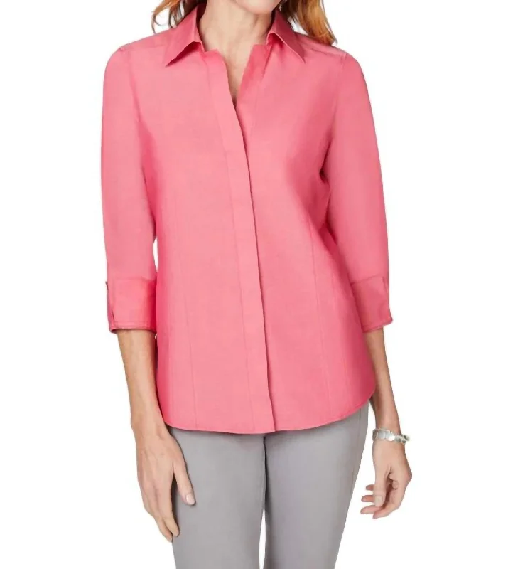 Trendy Women's Outfits for Casual Wear Taylor 3/4 Sleeve Pinpoint Shirt In Rose Red