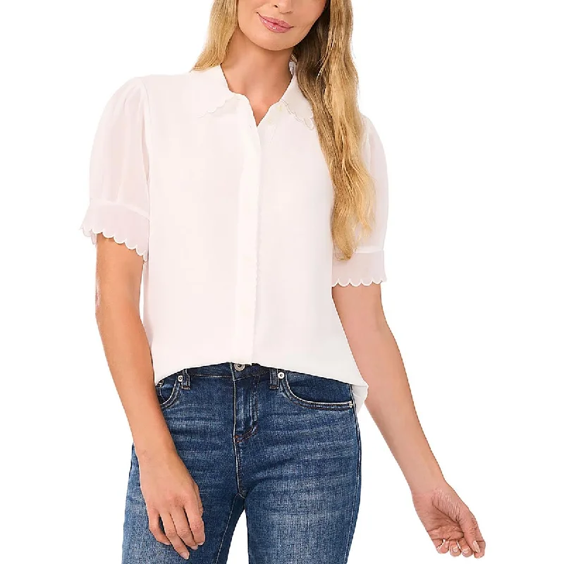 Women's Activewear for Exercise and Sports Womens Scalloped Trim Puff Sleeve Button-Down Top