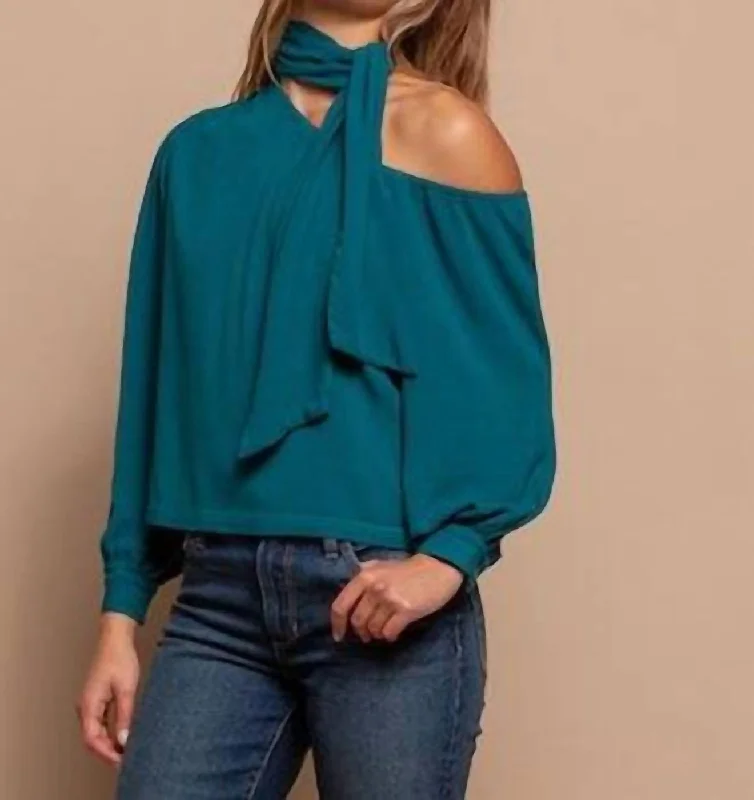 Chic Outfits One Shoulder Tie Neck Top In Teal