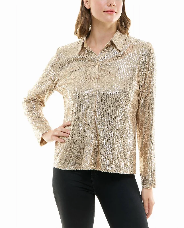 Exclusive Discount Nora Sequin Button Front Shirt In Champagne