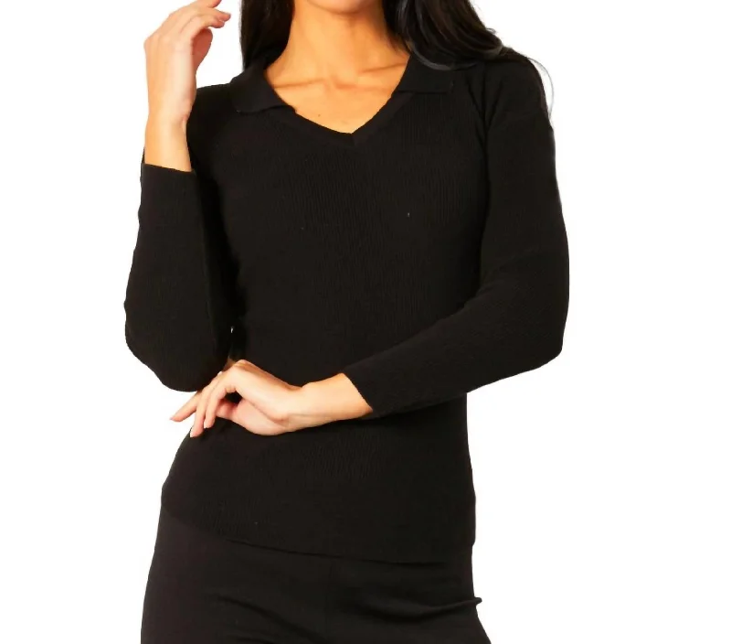 Holiday Discount Collared V-Neck Top In Black