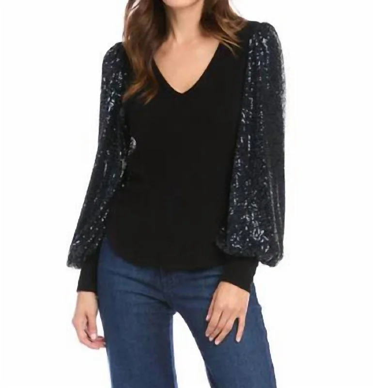 Huge Discounts This Week Sequin Sleeve Top In Black/navy