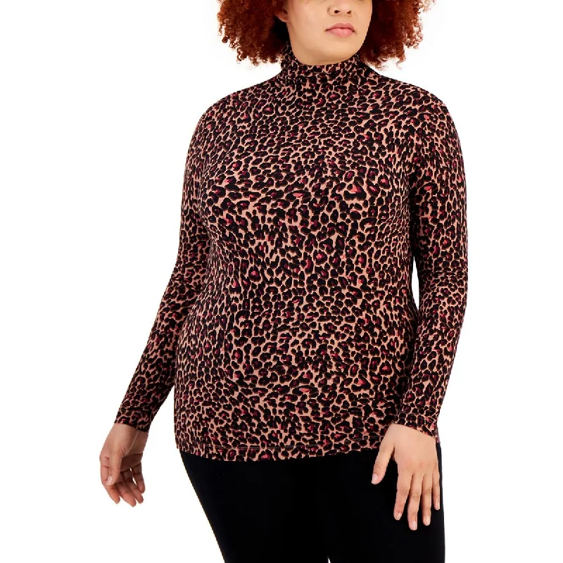 Seasonal Sale Plus Womens Seamless Animal Print Turtleneck Top