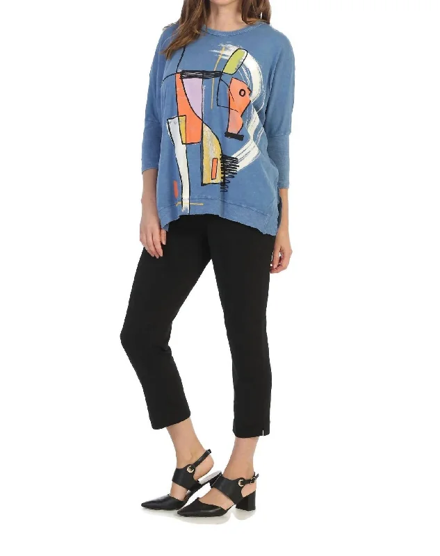 Casual Chic Modern Art Dolman Sleeve Top In Marine Blue