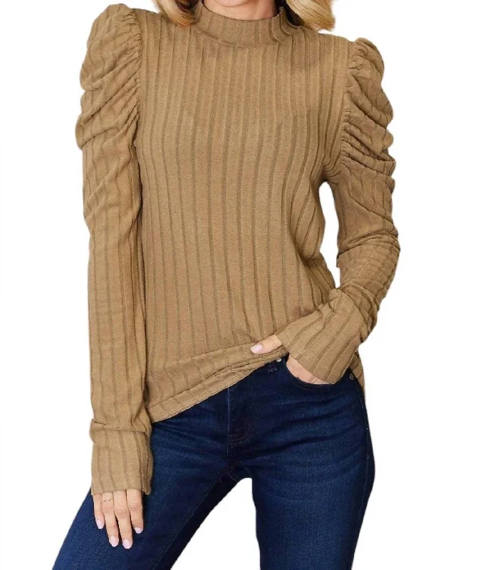 Trendsetting Threads Ribbed Mock Neck Top With Puff Sleeves In Tan