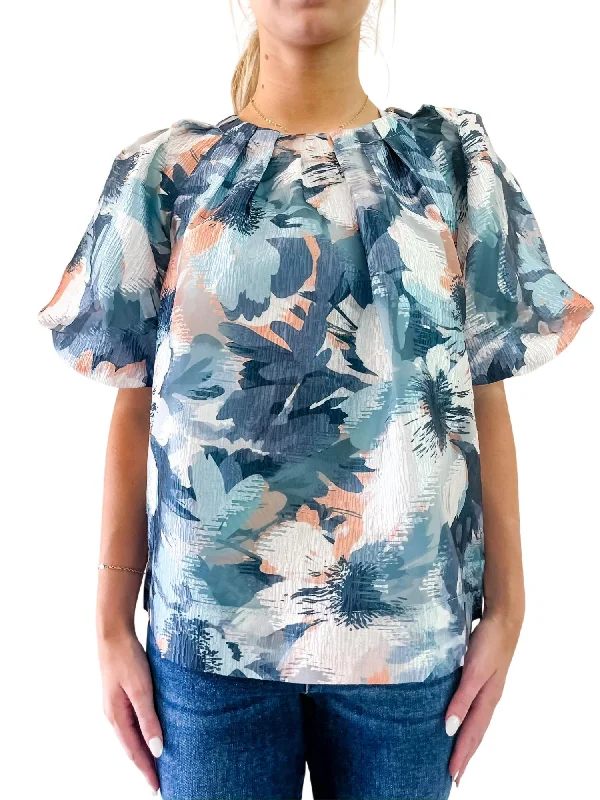 Chic And Comfortable Floral Monet Pleated Puff Sleeve Top In Blue/gray/peach