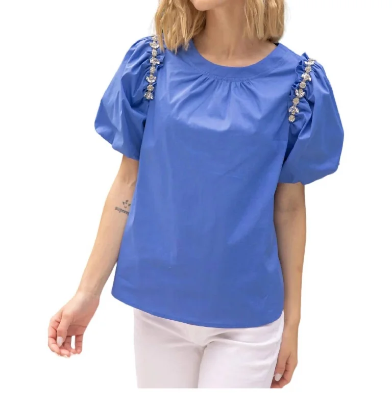 Cutting Edge Fashion Embellished Puff Sleeve Poplin Top In Blue