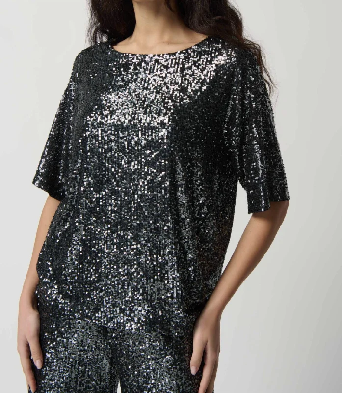 Stylish Women's Clothes for Work and Play Sequin Dolman Sleeve Boxy Top In Black Grey