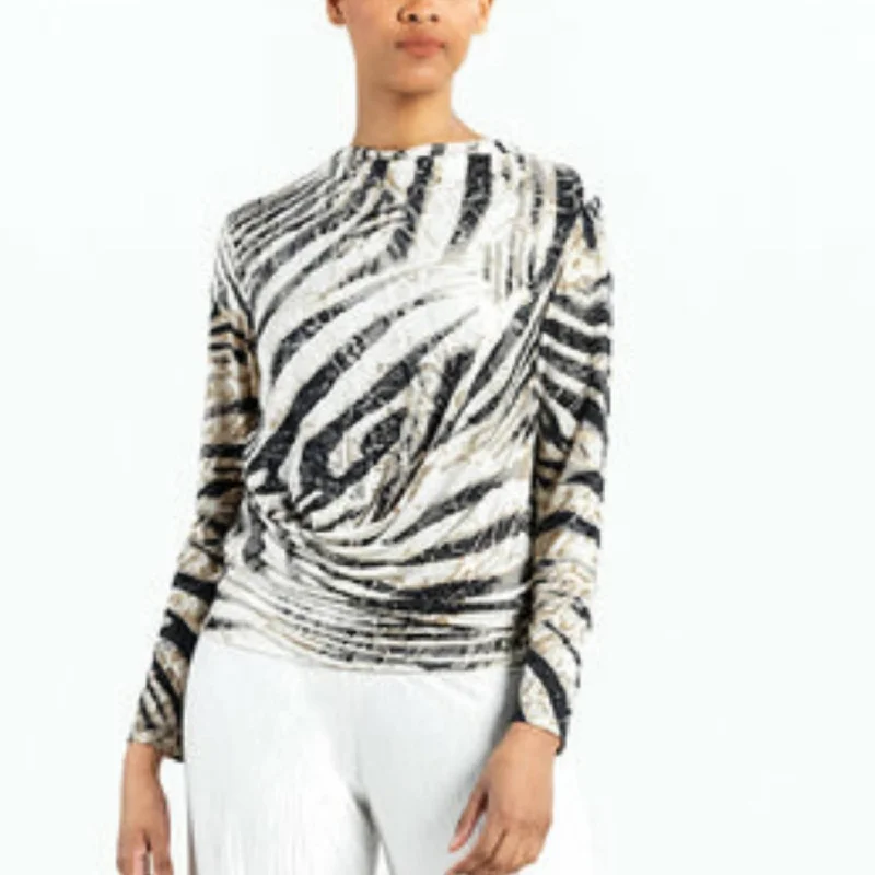 Classic Women's Fashion High Boat Neck Side Draped Top In Zebra