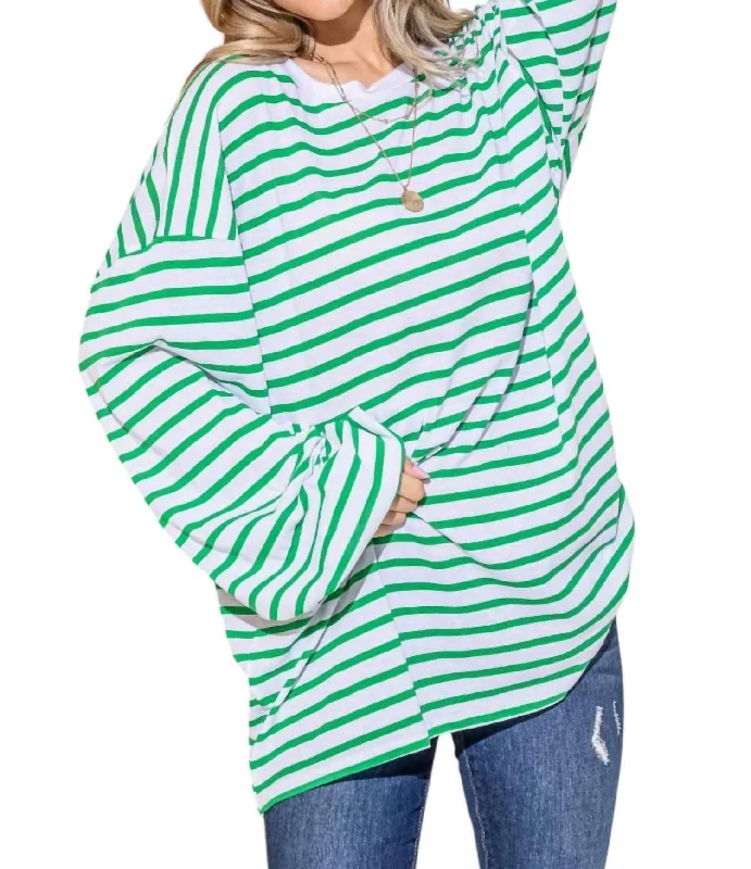 Sophisticated Women's Fashion Oversized Striped Balloon Sleeve Top In Green