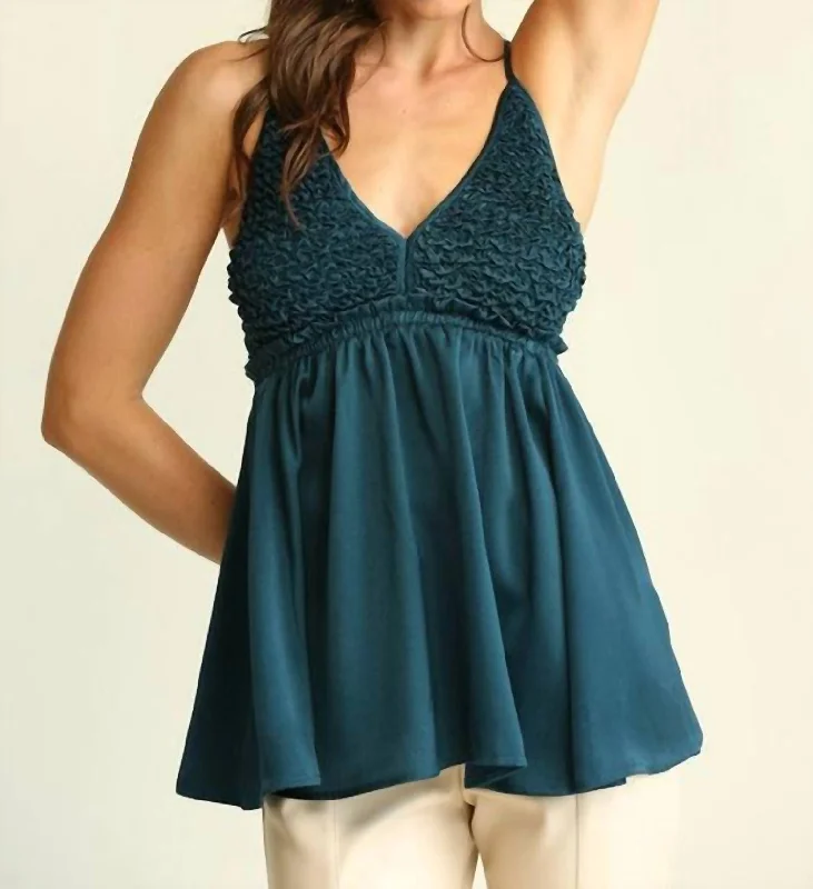 Fashionable Casual Tops Satin Halter Open Back Top In Teal