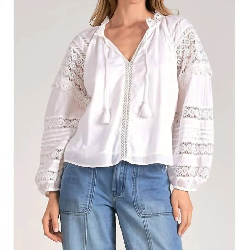 Evening Looks Crochet Panel Peasant Top In White